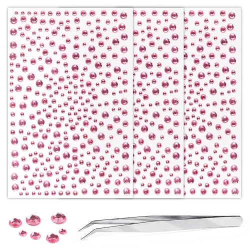 975Pcs Face Gems Hair Gems, Self-Adhesive Face Jewels Eye Jewels Rhinestones 3/4/5/6 mm DIY Face Gems Stick on, Hair Body Rhinestones Gems Crystals Pearls for Face Makeup, Crafts (gem_Pink)