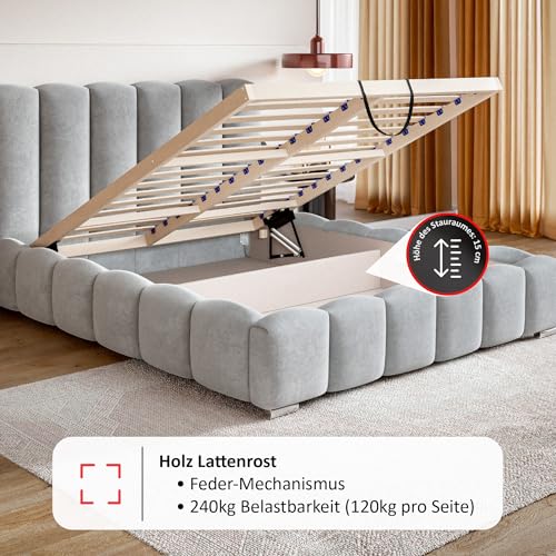 Grand Bubble Bett 180x200 Beige Samt, mit Stauraum, mit Kopfteil, mit Lattenrost, mit Füßen, mit Matratze H2/H3, Bubble Polsterbett 180x200 mit Bettkasten Beige (Creme) – Bild 7