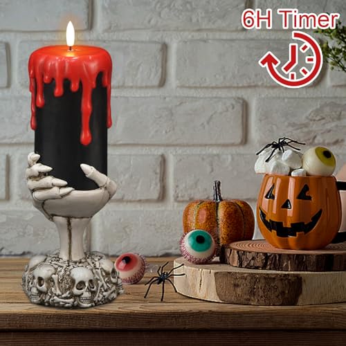 Image of Black Flameless Flickering Candles with Timer, Blood Dripping Wax Effect Battery Operated LED Pillar Candle with Skeleton Hand Candle Holder Halloween Table Centerpiece Decor(4 inch x 11 inch)