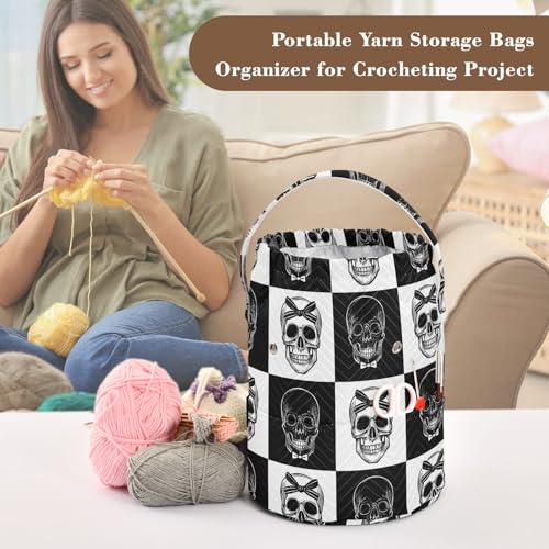 Image of Yarn Storage Bag Small Crochet Bag Knitting Bag Organizer Gothic Skull Black and White Yarn Bags for Crocheting Basket