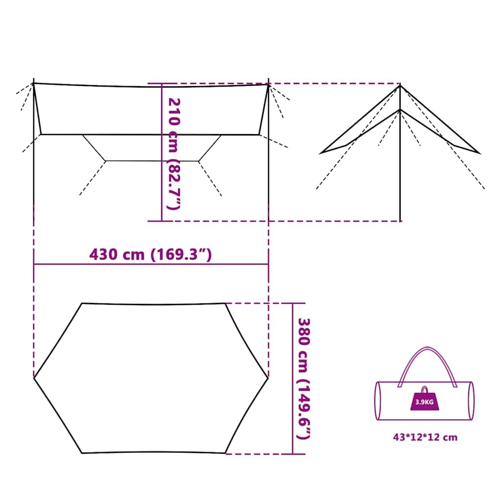 Tarp zielona plandeka 430 x 380 x wodoszczelna plandeka kempingowa z powłoką poliuretanową, lekki namiot outdoorowy na wędrówki, trekking, festiwal, z torbą do przenoszenia i stabilnymi