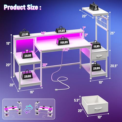 Image of DurayLoly 55 inch Computer Desk with LED Lights & Outlets,Office Desk with Drawers & Monitor Stand,Gaming Desk with 3 Storage Shelves, Hooks& Printer Space for Game&Study Room,Home Office,Bedroom,White