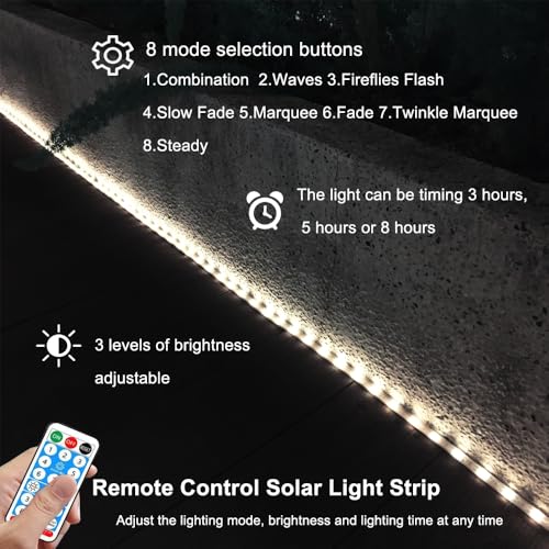 Image of Solar LED Strip Lights Outdoor Waterproof,9.8ft White Solar Powered Strip Lights with Remote,Timer,8 Lighting Modes IP65 Waterproof Strip Lights for Step Gazebo Balcony outdoor bar Garden Decor