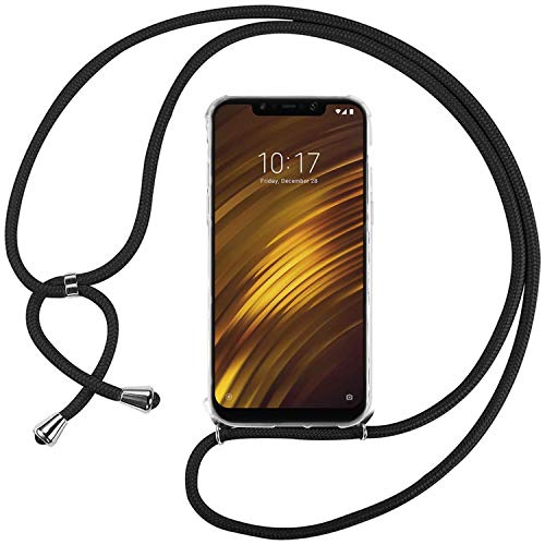 Ingen Funda con Cuerda para Xiaomi Pocophone F1 - Carcasa Transparente TPU Suave Silicona Case con Colgante - Negro