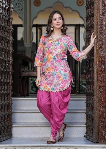 Image of Floral Print Cotton Kurta and Dhoti Set for Women Designer