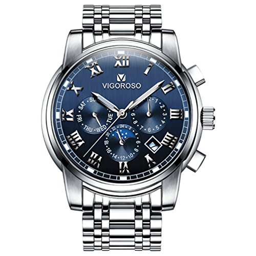 Vigoroso Men's Business Quartz Analog Date Waterproof Luxury Stainless Steel Wrist Watch(Blue) #TOP24