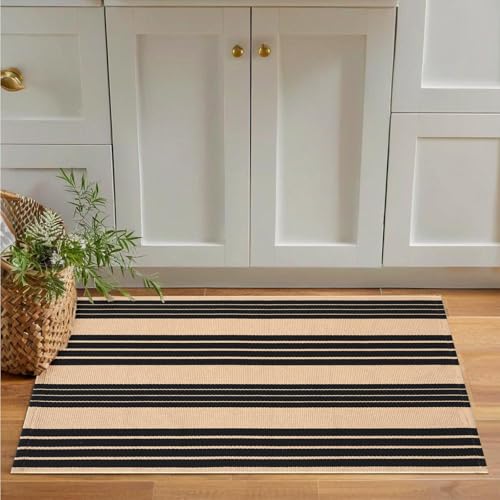 Black and Brown Striped Rugs, 28”x 43” Area Rug Outdoor Indoor Front Porch Doormat Cotton Hand-Woven Layered Door Mats for Entryway Patio Entryway Laundry Bedroom Living Room