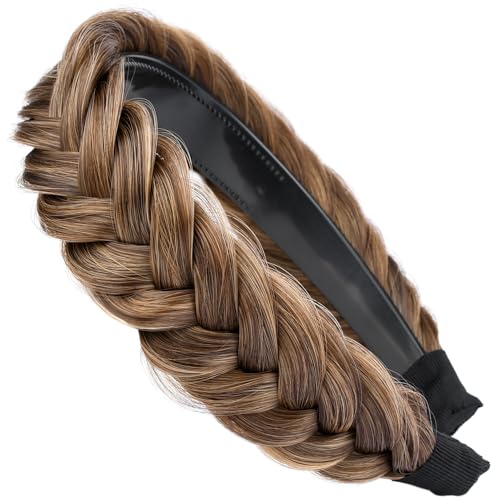 GLEDOLA Wide Messy Braided Headband with Teeth Synthetic Hair Plaited Headband High Elasticity Braids Chunky Fishtail Braided Hair Band Hairpiece for Girls Women (Claybank)
