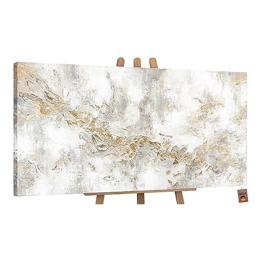 YS-Art Cuadro pintura abstracta hecho a mano en beige con líneas doradas Geschichte Decoración de pared salon modern Arte murale 140x70 cm