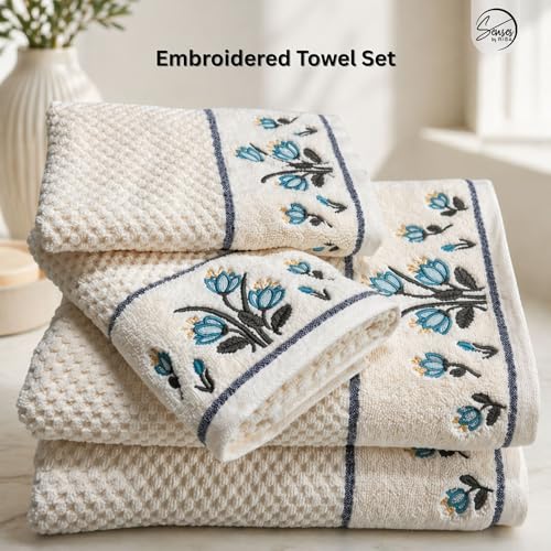 Image of SENSES By Riba Cotton Embroidered Towel Set, 550 GSM Soft & Absorbent, Antimicrobial, Oeko-Tex Certified | Ideal for Home & Gifting, Pack of 4 (2 Bath 27 inchX50 inch + 2 Hand Towels 16 inchX26 inch) - Style 22
