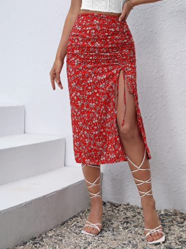Floerns Women's Boho Floral High Waist Split A Line Midi Skirt Red Drawstring M #TOP3