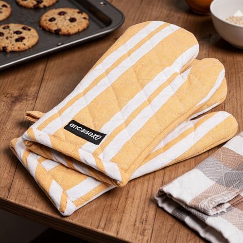 Image of Encasa XO Oven Gloves for Microwave (2 pc Set) - Heat Proof, Thick & Safe | Longer 18x30 cm Mittens for Protection in Kitchen Cooking & Baking - Franca Yellow Stripes