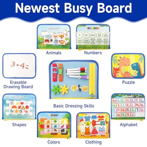 Image of TUNJILOOL Busy Board Montessori Toys for Kids Toddler, 10 in 1 Activity Sensory Board Learning Toys for Learning & Education Toys Travel for Boys Girls (Light Blue-4Page with Sling)