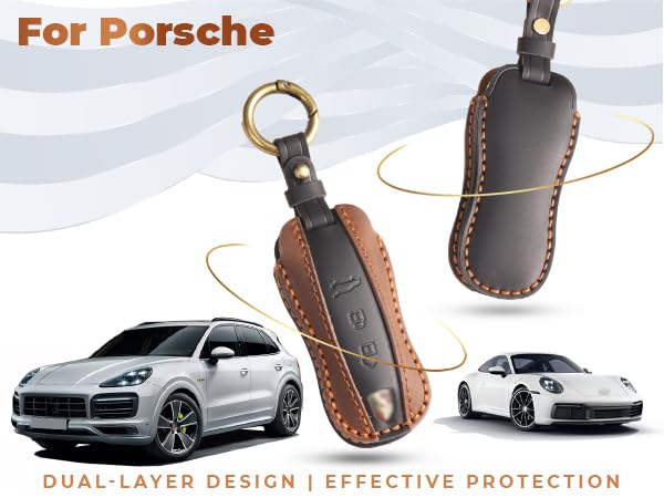 Image of keyzone dual leather key cover for Porsche 911, Cayenne, Panamera, Taycan 3 button smart key