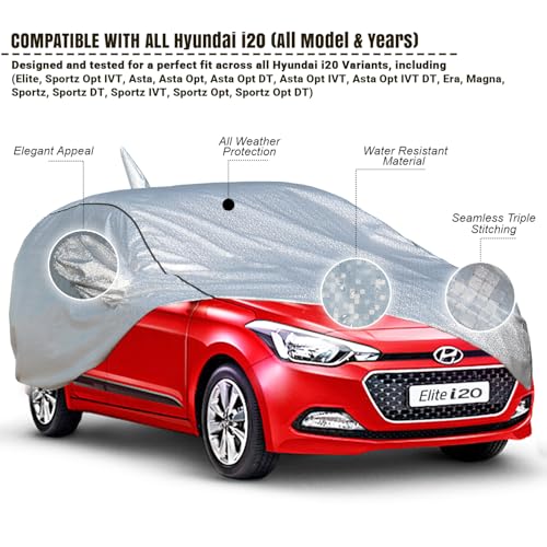 Image of Pivalo Car Cover for Hyundai i20 Elite All Models (2014-2020) 100% Waterproof with Mirror & Antenna Pocket Triple Stitched Bottom Elastic Dustproof Full Body Protection (Heat & UV Resistant, Silver)