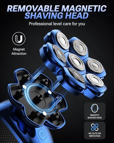 Image of Head Shaver for Bald Men, 7D Floating Electric Razor, Close Smooth Shave for Head, Flexible Heads, Replaceable Blade, IPX7 Waterproof Wet Dry Use, LED Display, USB Charging Blue