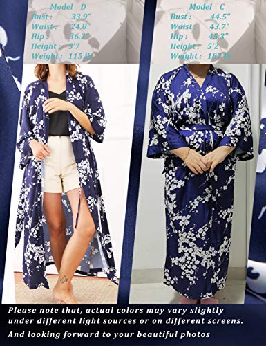 Aensso Long Soft Silk Y Kimono Women Robes, Blue White Floral Dressing Gown Bridal Robe #TOP5
