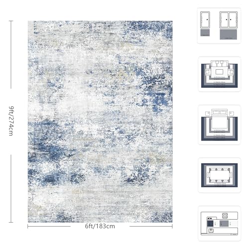 Image of 6x9 Area Rugs, Abstract Modern Ultra Soft Washable Rug, Non Slip Carpet with Rubber Back Stain Resistance Rugs for Living Room, Bedroom, Dining Room Decor(Blue & White)