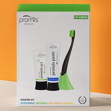 promis starter kit ecosostenibile e vegano | dentifricio naturale | gel dentale antitartaro | spazzolino morbido + portasapzzolino