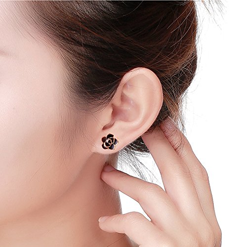 18K Gold Plated Stud Earrings,Black Rose Flower Studs For Women Hypoallergenic3