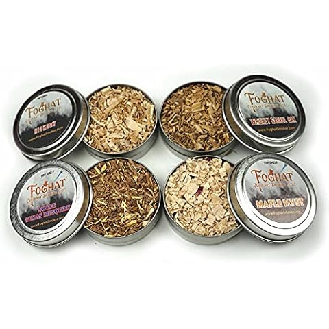 Foghat Fuel Sampler Four Pack | Whiskey Barrel Oak, Old Hickory, Sweet Texas Mesquite, Maple Myst Wood Shavings, 4 x 1oz | Cocktail and Culinary Wood Chips for Smoking Cover