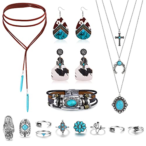 Helicopchain Western Jewelry For Women Bohemian Turquoise Jewelry Set Turquoise Pendant Choker Necklaces Western Cowgirl Cowboy Earrings Turquoise Faux Leather Layered Bracelets Turquoise Joint Knuckle Finger Rings #TOP15