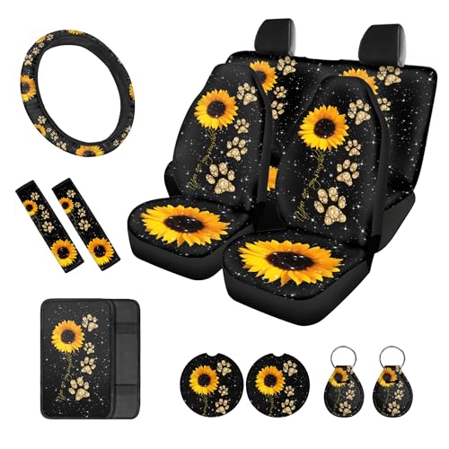 STUOARTE Sunflower with Paws Car Seat Covers Full Set for Women Sunflower Car Accessories for Women Neoprene Steering Wheel Cover Car Armrest Pad Cover Seat Belt Pads Cup Coasters Keychain