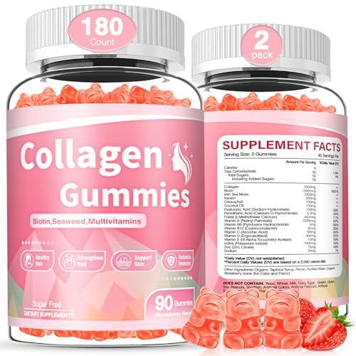 180 Count Collagen Gummies 2500mg Collagen Protein Type I II III V X with Biotin Vitamin C A B D E Keratin Hyaluronic Acid for Hair Skin Nails Joint Immune Digestion Women Men Sugar Free Strawberry
