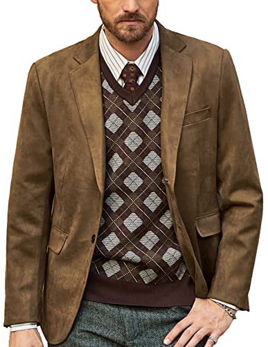 PJ PAUL JONES Mens Blazer Jacket Faux Leather Suit Jacket Casual 2 Buttons Suede Sport Blazer Coat with Pockets