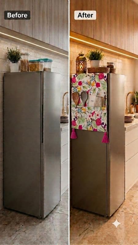 Image of WWW.THROWPILLOW.IN Fridge Top Cover for Single Door 100-250L | Small Size Dustproof Refrigerator Cover | Corner Tassels with Pockets | Floral Print | Single Door Fridge Cover Mat