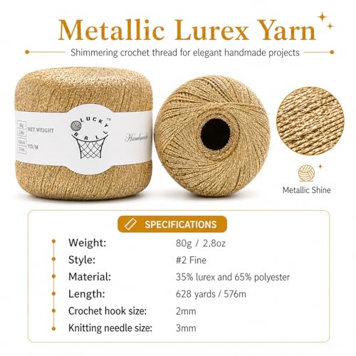 Image of 80g Sparkle Silver Lurex Thread Shining Yarn, Metallic Crochet Thread Yarn for Crocheting, Sparkle Metallic for Knitting Clothes, Car Charm, Keychain Charm(Gold)