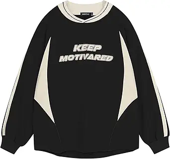 Vamtac Letter Graphic Crewneck Sweatshirts for Men Vintage Color Blocking Long Sleeve Casual Pullover Top