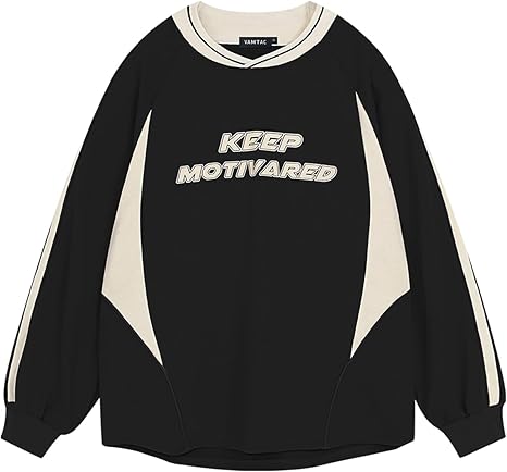 Vamtac Letter Graphic Crewneck Sweatshirts for Men Vintage Color Blocking Long Sleeve Casual Pullover Top
