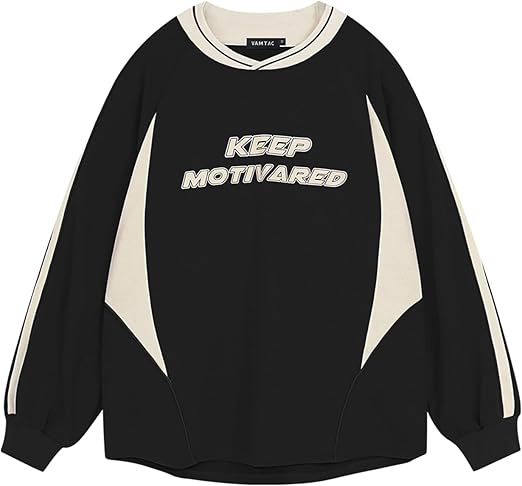 Vamtac Letter Graphic Crewneck Sweatshirts for Men Vintage Color Blocking Long Sleeve Casual Pullover Top