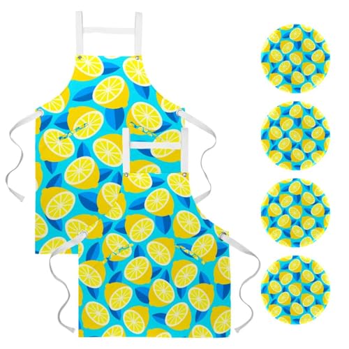 Lot de 2 tabliers de cuisine avec 4 broches au design citron jaune et multicolore