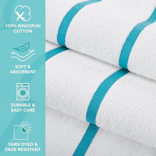 Image of Casa Copenhagen Pack of 2 Cabana Pool XL Towels for Bath Cotton Rough and Tough Use,70 x 140 cm Colour : White Teal Stripe