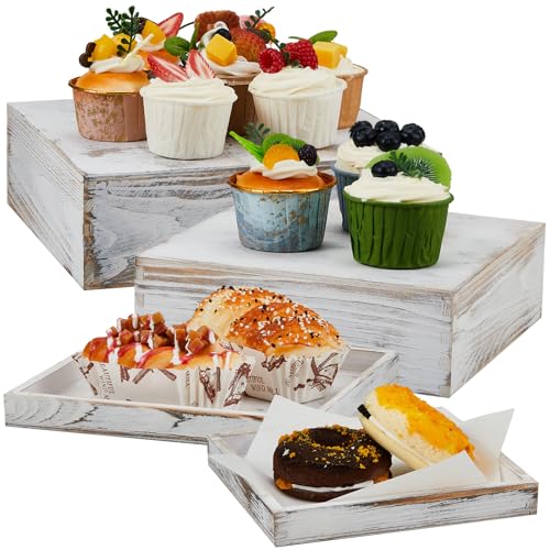 Juexica Set of 4 Wood Display Risers Rustic Cupcake Stand and Tray Wooden Stackable Display Box Wood Cake Stand for Dessert Wedding Birthday Housewarming Party(Wood Color)