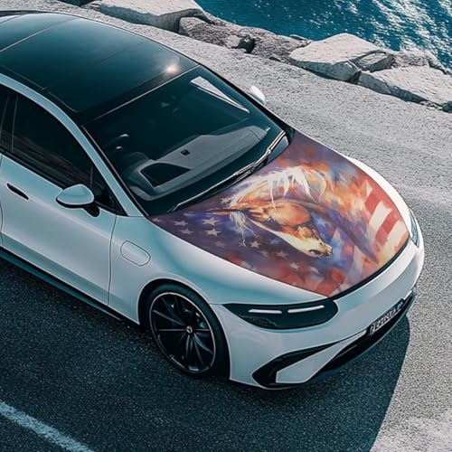 Image of US Flag Horse Car Hood Cover Stretch Polyester Car Hood Cover Removable Automotive Accessories Suitable Most Automotive Sedans Trucks Pickup Sports Cars