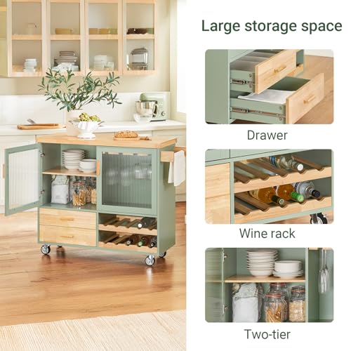 SoBuy Mobile Kitchen Island on Wheels with 2 Glass Doors Kitchen Storage Trolley Featuring Wooden Worktop Rolling Kitchen Storage Unit for Dining Room Green and Natural W109 × D40 × H92cm FKW114-GR - Image 4