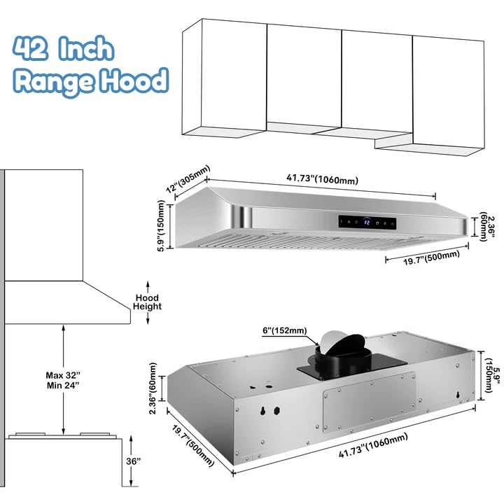 Image of 42 inch Under Cabinet Range Hood 1200 CFM Stainless Steel Stove Vent Hoods | 4-Speed Gesture Sensing & Touch Control, 2 LED Lights, Time Setting, Dishwasher-Safe Baffle Filters, for Kitchen