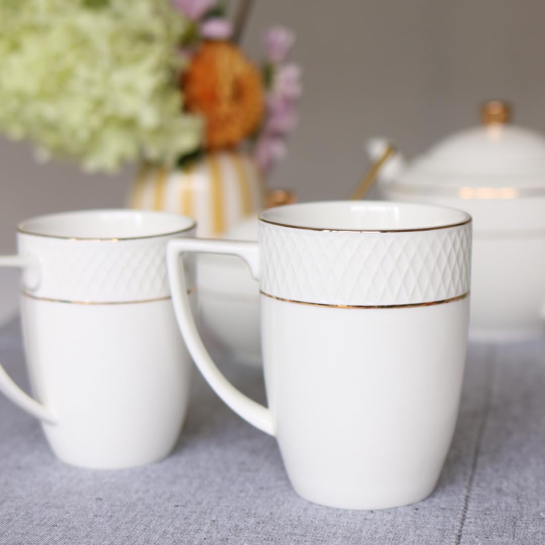 Wilmax - Teetassen & Kaffeetassen 6er Set - 320ml - Kaffeebecher Porzellan mit Goldmuster - Becherset - Tasse für Tee, Kaffee, Cappuccino - Porzellantassen mit Griffen - Weiß