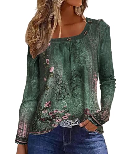 ABYOVRT Camiseta Mujer Manga Larga Blusa Cuello Redondo Estampado Vintage T-Shirt Suelta Casual Camisetas Basica Ligera tee para Mujeres,Verde,XXL