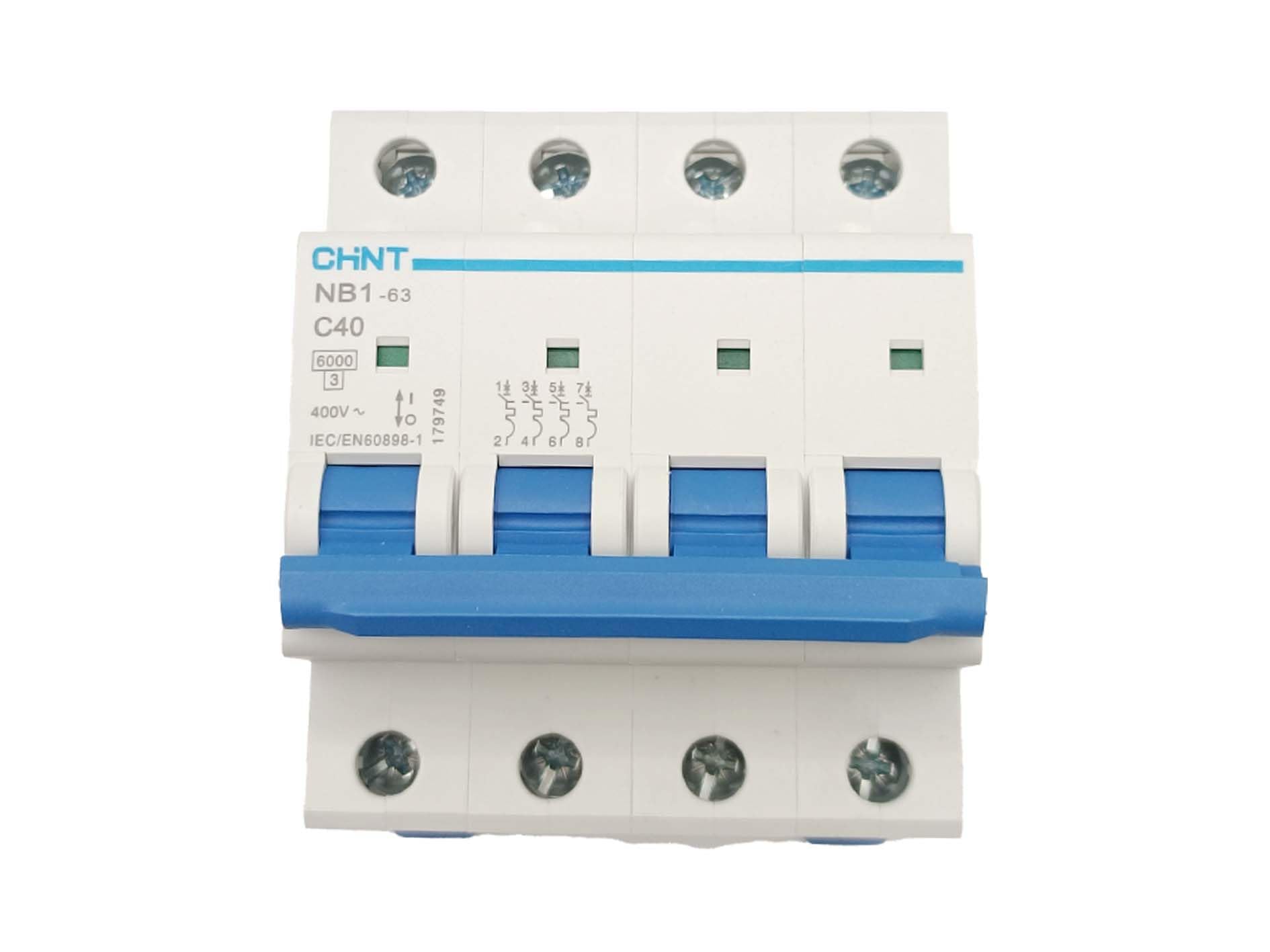 Chint - 40 Ampère Disjoncteur Modulaire NB1-63 C40A, 4 Pôles Courbe C， Disjoncteurs Électriques TC 4P 230/400V Pour Énergie Solaire et éolienne，Maison et Bureau, 40A
