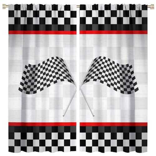 HZOHNAGO Race Car Flag Curtains Rustic Racing Car Game Theme Pattern for Kids Room Decoration Blackout Print Rod Pocket Window Drapes for Bedroom Living Room 42x54in