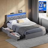 VASAGLE Bett 140 x 200 cm, Polsterbett, Doppelbettgestell, LED, Bettgestell, Metallbett, 4 Schubladen, Ladestation, verstellbares gepolstertes Kopfteil, hellgrau-Mattschwarz RMB827G01