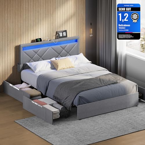VASAGLE Bett 140 x 200 cm, Polsterbett, Doppelbettgestell, LED, Bettgestell, Metallbett, 4 Schubladen, Ladestation, verstellbares gepolstertes Kopfteil, hellgrau-Mattschwarz RMB827G01