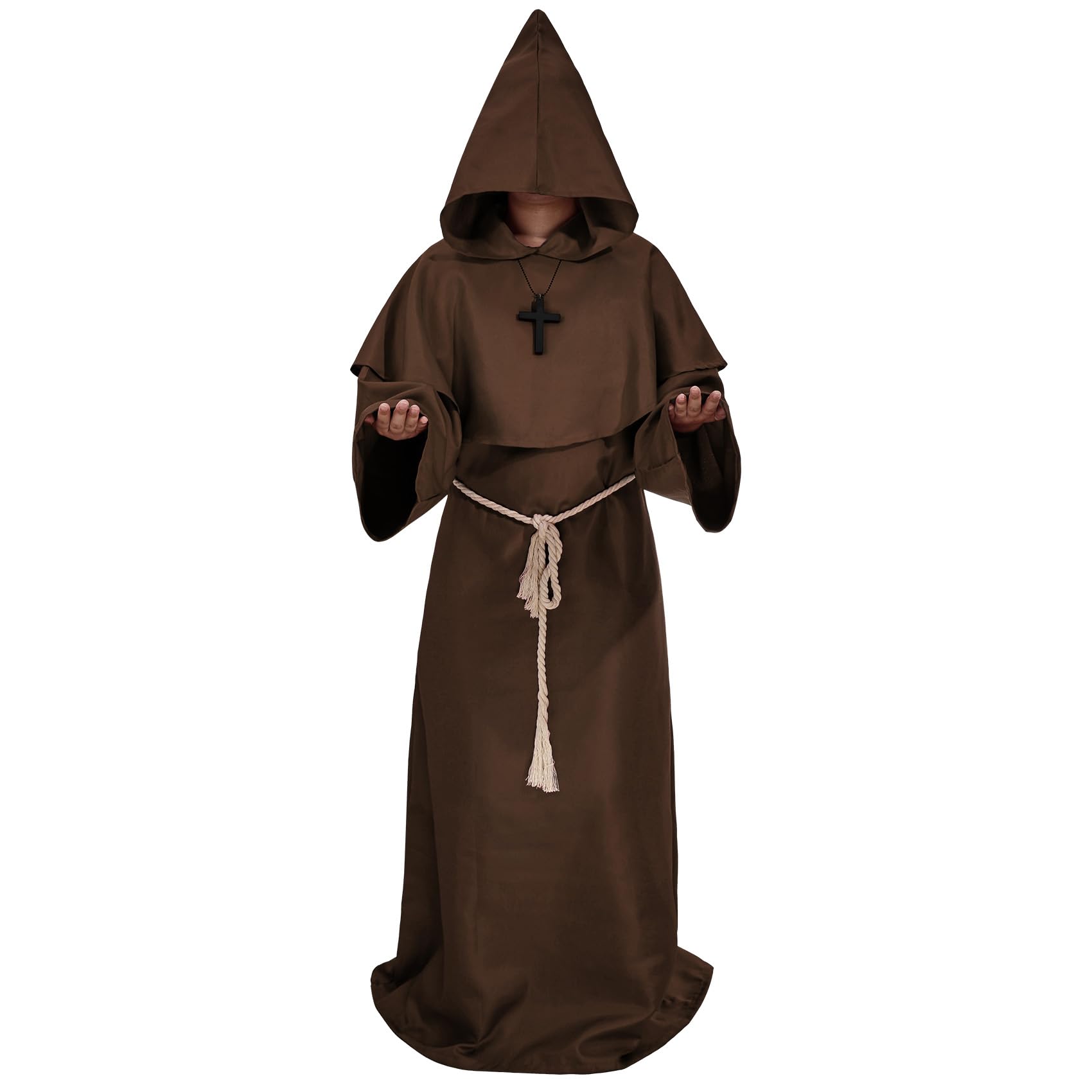 TRIWORKS Medieval Black Hooded Monk Robe Costume Friar Priest Robe Cloak Renaissance Costume Men Cosplay Halloween Wizard Cape XL