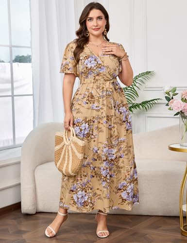 Image of ShopWonder Womens Plus Size V Neck Wrap Maxi Dress High Waist Ruffle Summer Casual Dress with Belt