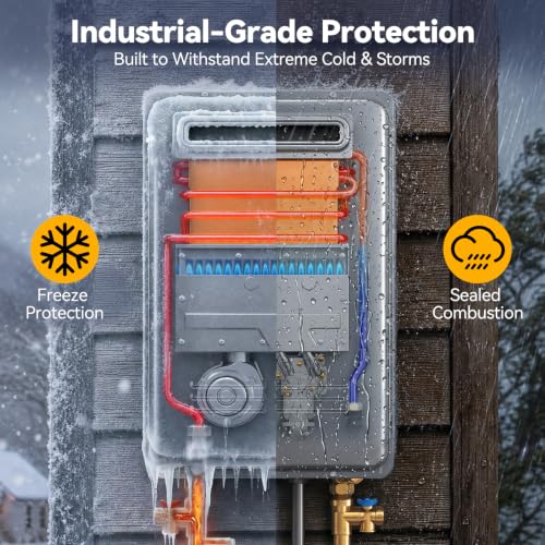 Image of Propane Tankless Water Heater Outdoor, Max 5.3 GPM, 120,000 BTU | Outdoor Installation Anti-freeze Stable Heating with 6 Safety Protections 2-4 points for the Whole Family, No Vent Required