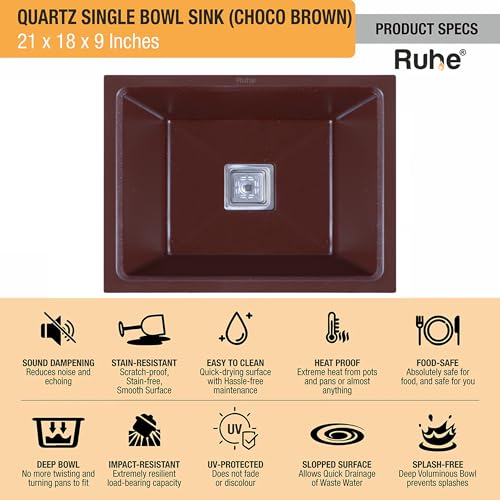 Image of Ruhe Quartz Single Bowl 21X18X9 Inches Matt Kitchen Sink | Choco Brown Non-Fading Colour With Uv Protection | Natural Stone Quartz /Granite Sink With Sink Coupling, Waste Pipe & Strainer Basket